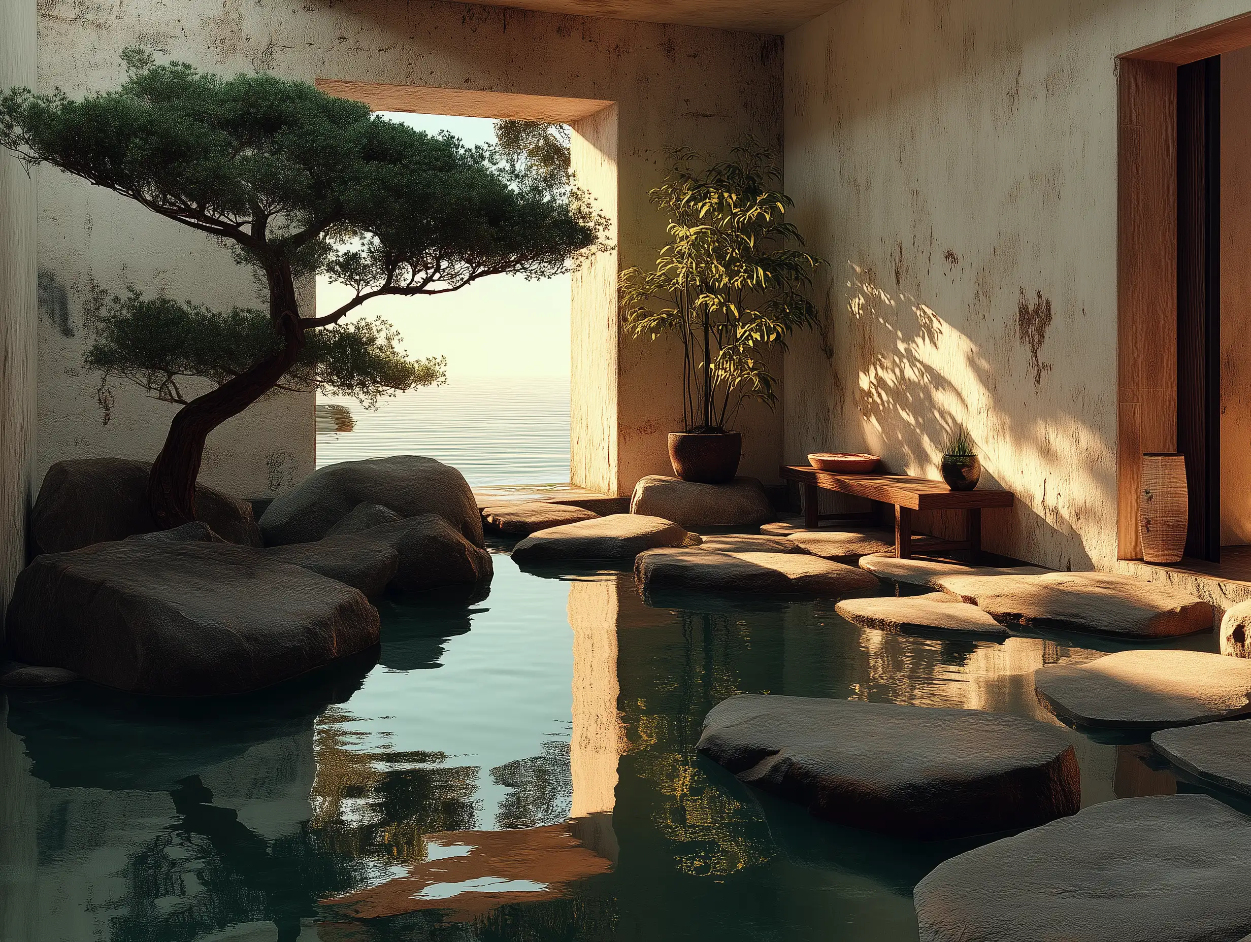 Minimalist Japanese courtyard with stone paths, bonsai trees, and gentle water reflections, soft morning light, cinematic realism